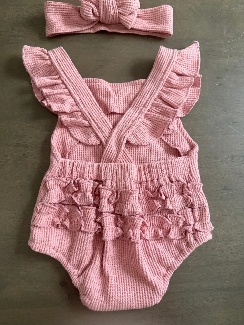 Pink Waffle Knit Romper Bodysuit w/ Rainbow Embroidered & Matching Headband